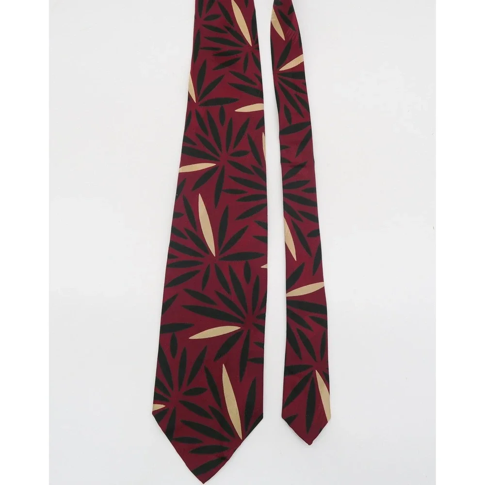 Polo Ralph Lauren Men Silk Tie Burgundy Red Black Tan Leaf Pattern Hand Made USA